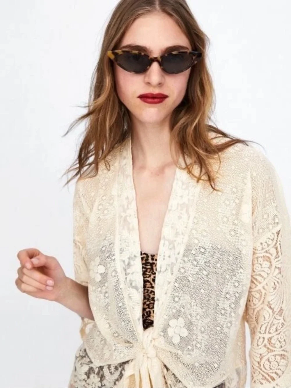 ZARA Cream Lace Kimono Duster Flowing Wrap Dress Cover-Up Beach Vacation Boho M